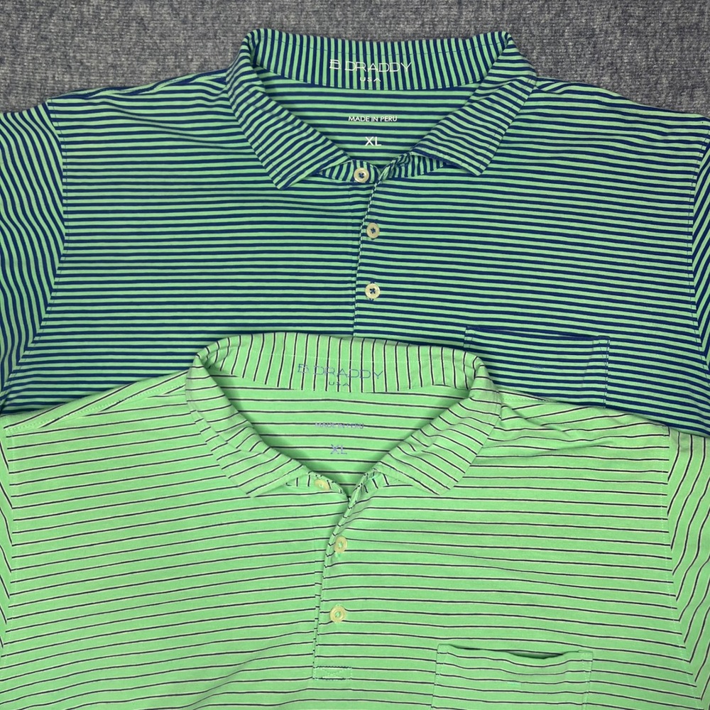 Lot of 2 B. Draddy Mens Striped Polo Shirts XL Green Blue Cotton Golf Pockets